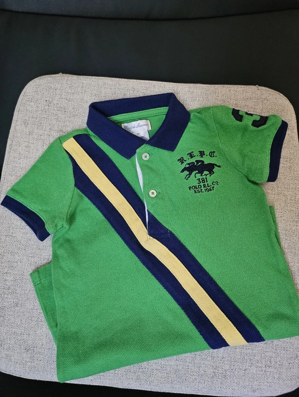 Ralph Lauren Green Baby Polo Romper with Navy Collar and Yellow Stripe
